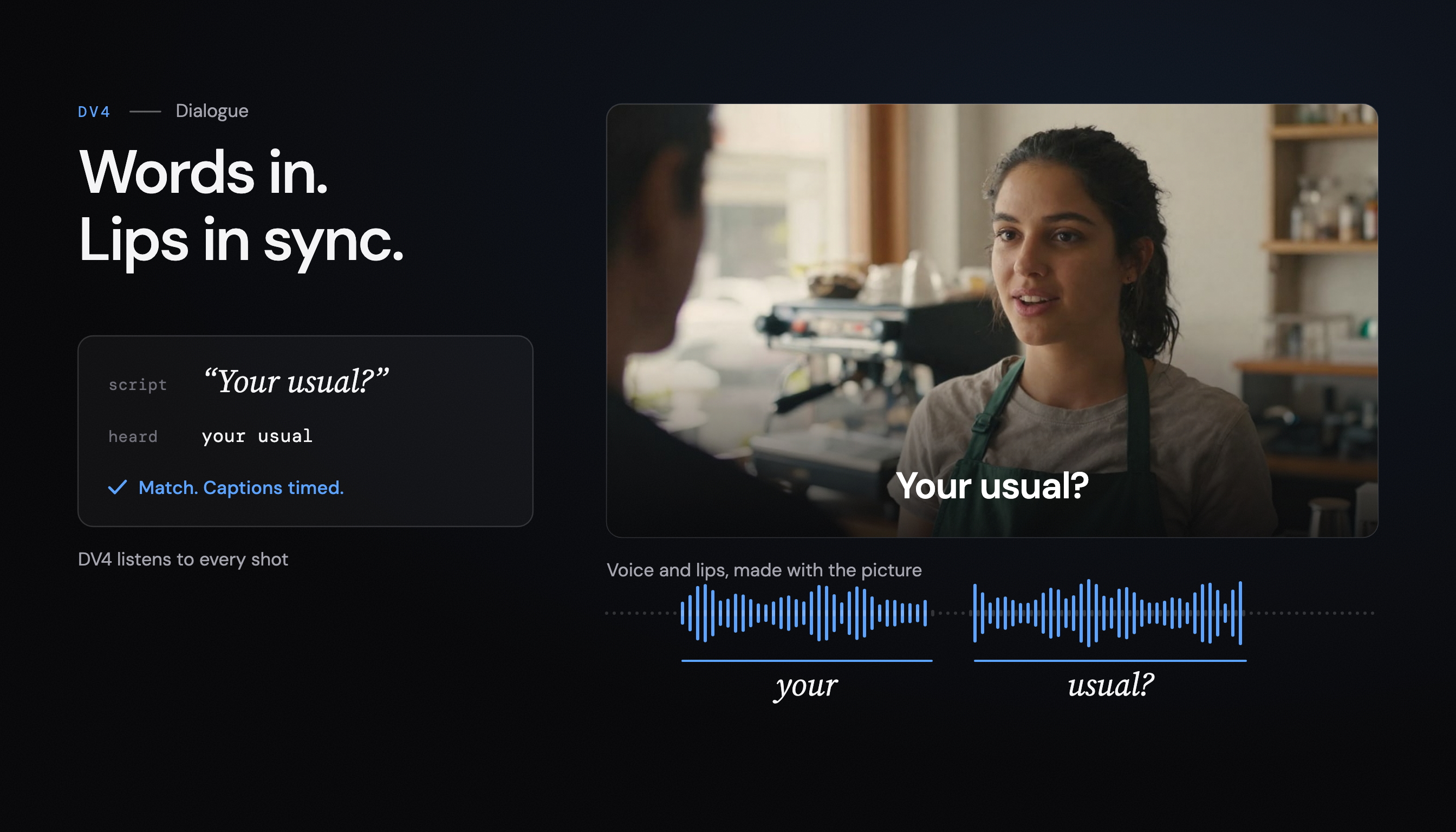 Words in, lips in sync: a barista says "Your usual?" with the caption under her, the two words marked on the voice track, and the script matched to what DV4 heard.