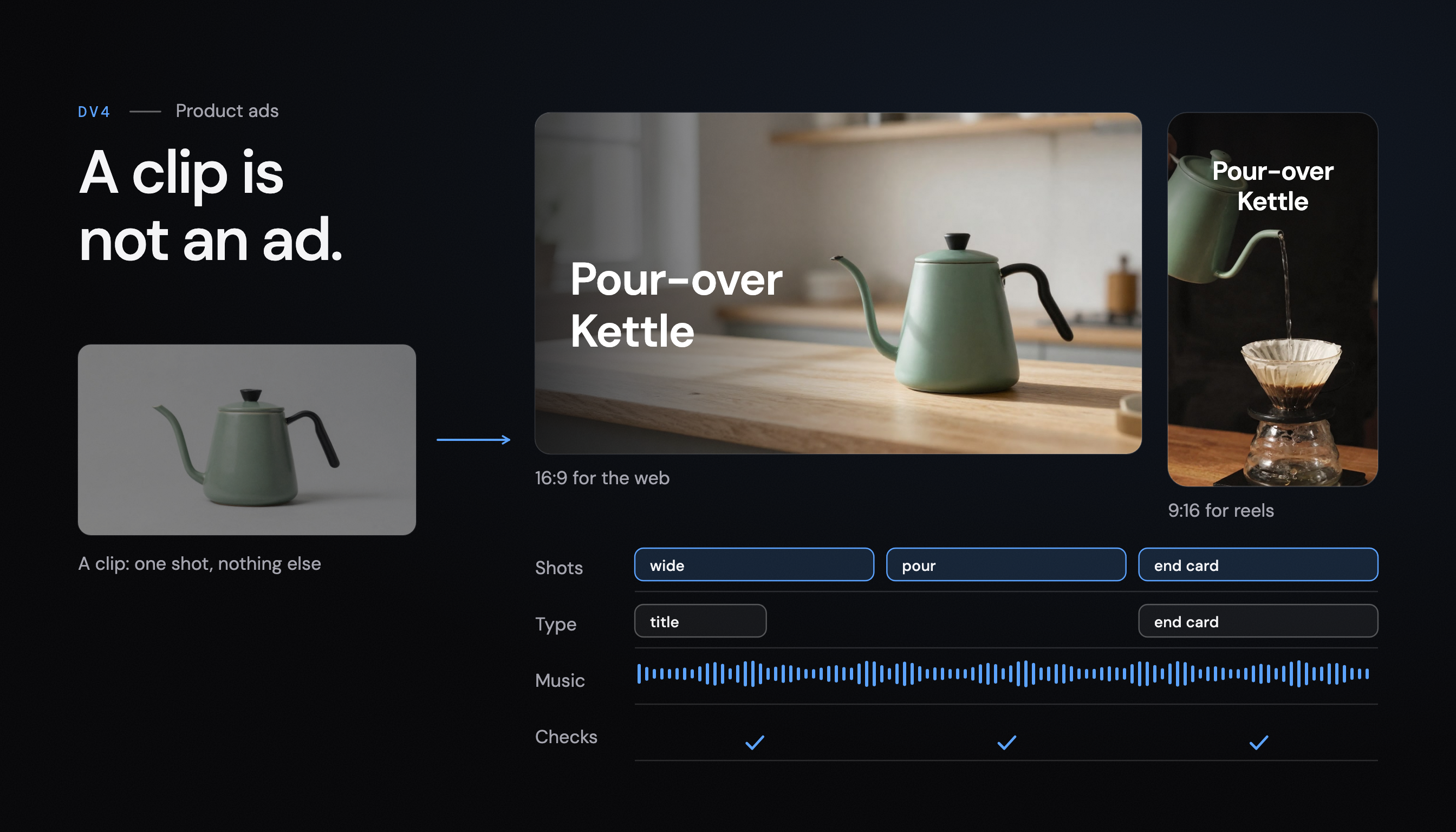 A clip is not an ad: one plain kettle shot beside the finished ad in 16:9 and 9:16 with the title set as type, over its layers of shots, type, music and checks.