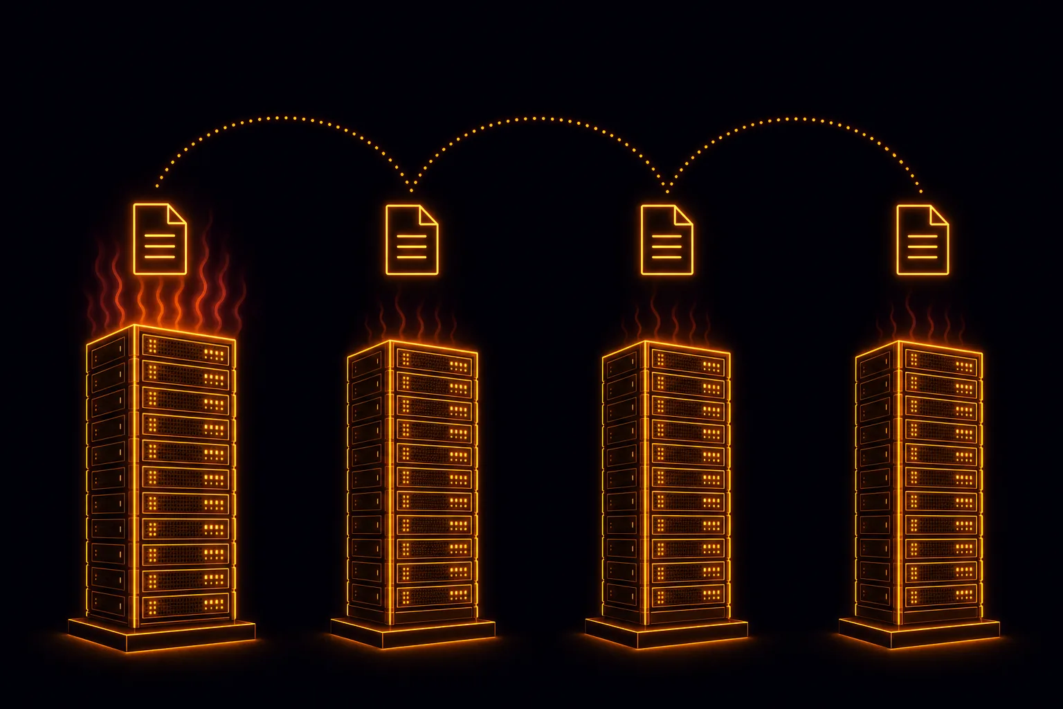 Four amber server towers each independently reprocessing the same document, showing redundant GPU compute across identical requests.