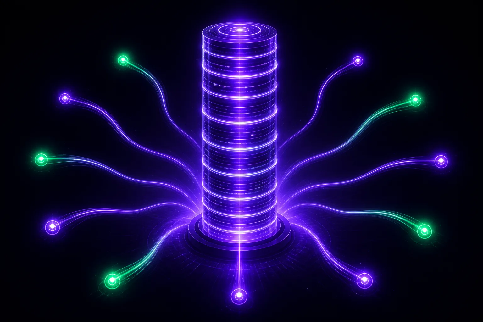 A single luminous violet cache tower at the center, with twelve curved fiber lines radiating outward to small green and violet endpoint nodes, representing one source serving many concurrent requests.